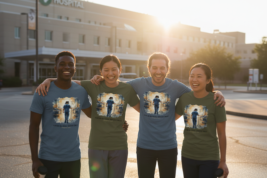 Group of diverse nurses wearing Philippians 4:13 faith tees celebrating outside hospital at sunrise