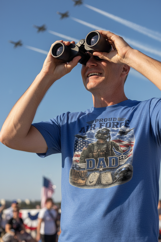 Proud Air Force Dad t-shirt blue - dad watching air show with jets overhead