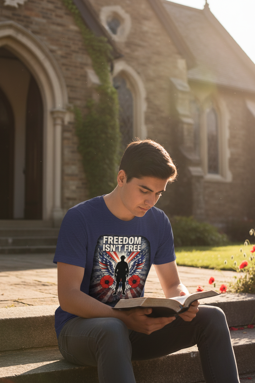 Man of faith wearing Freedom Isn't Free patriotic t-shirt on church steps