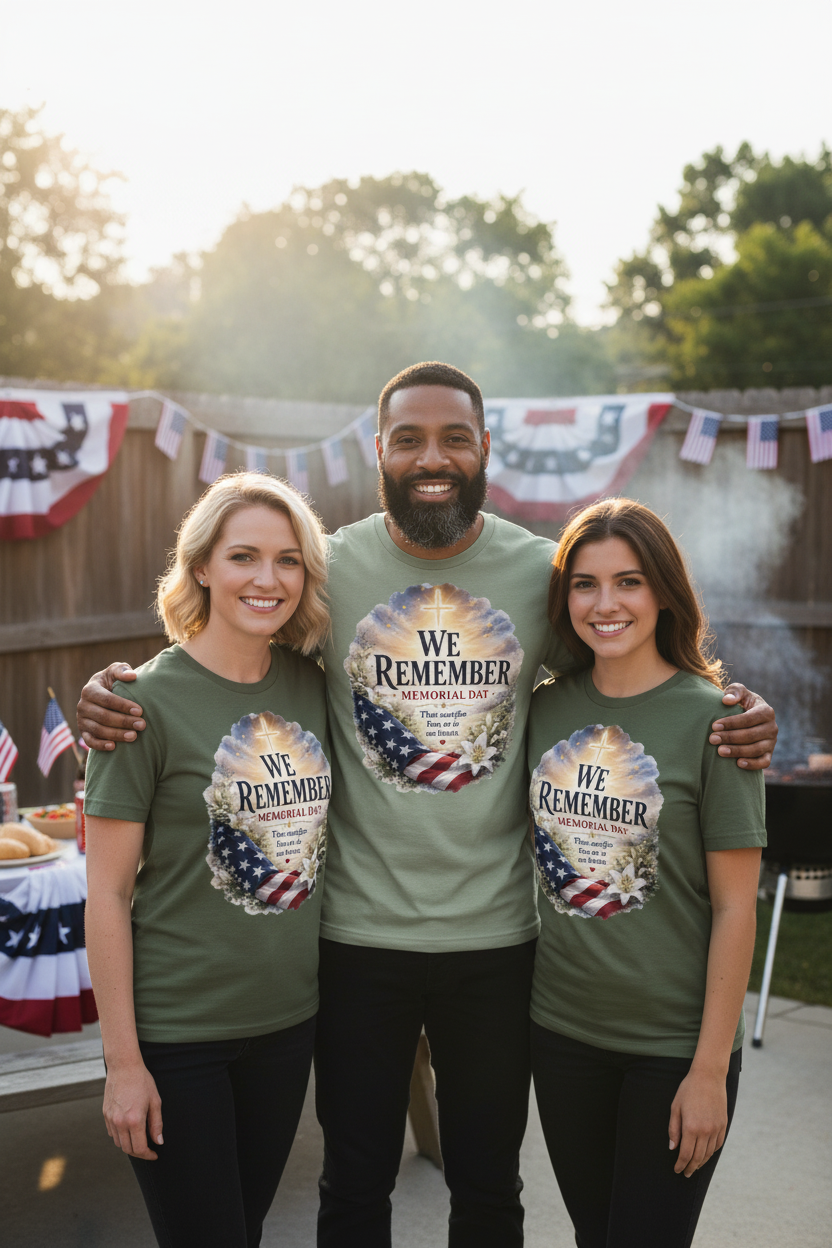 Group of veterans wearing We Remember Memorial Day t-shirts at Memorial Day BBQ gathering