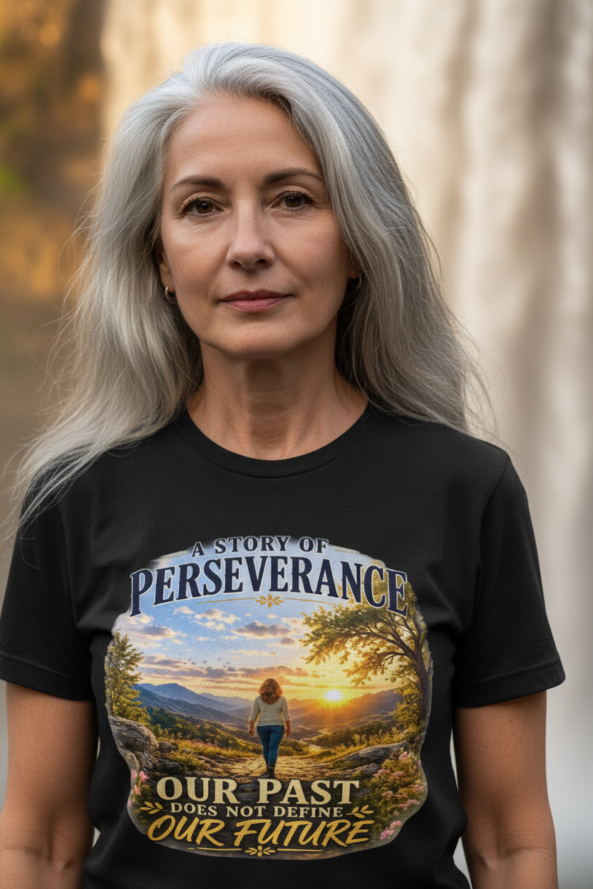 Woman zoomed in close wearing Black Perseverance tee at waterfall
