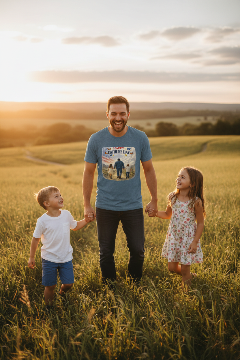 Dad and kids in golden hour field – lifestyle mockup