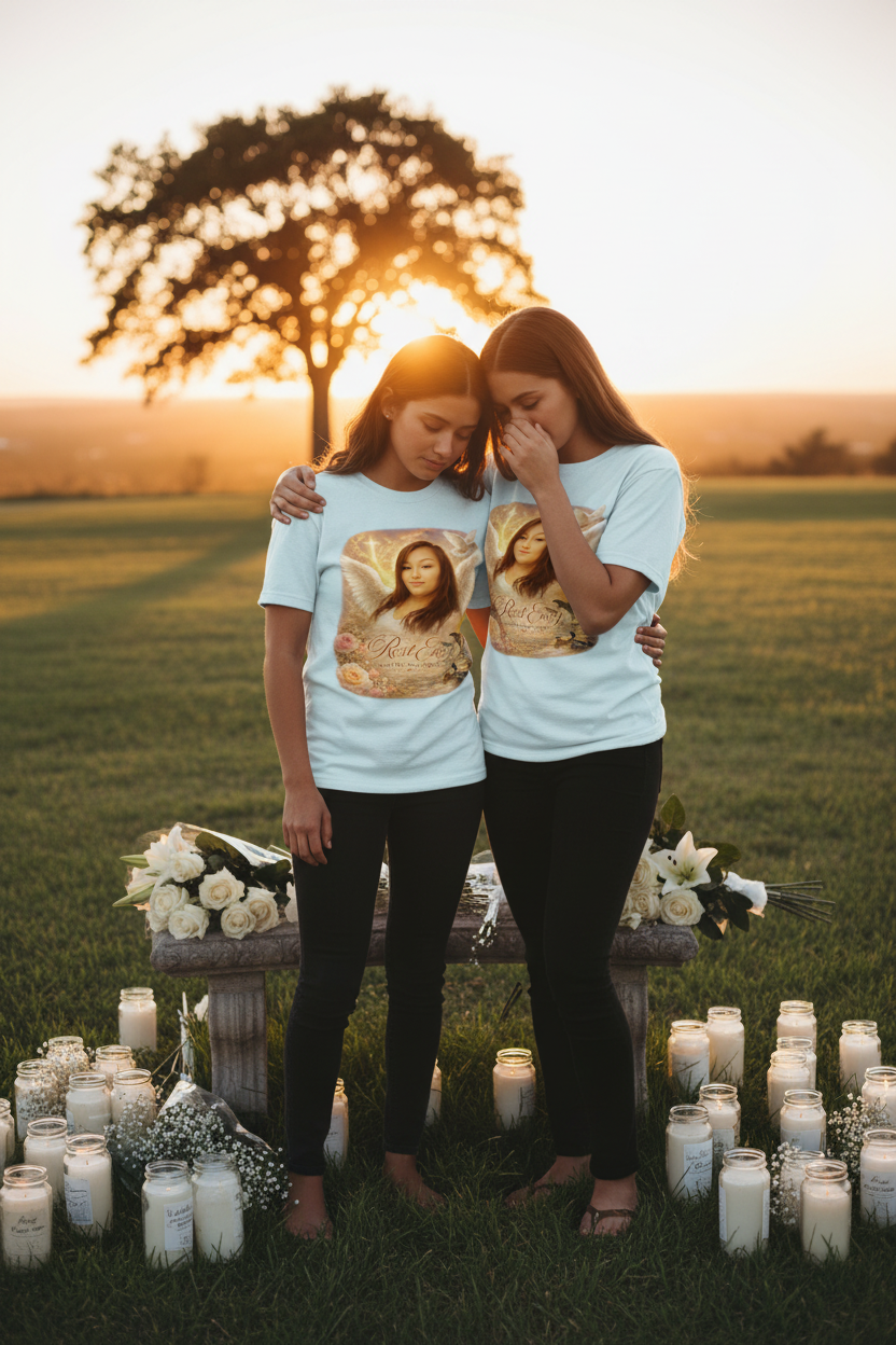 Two sisters wearing Rest Easy memorial t-shirts comforting each other at candlelit memorial