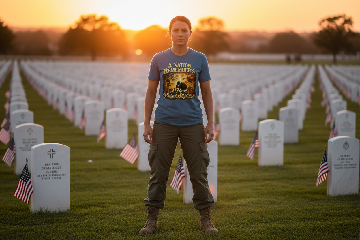 Female soldier at military cemetery wearing Memorial Day t-shirt