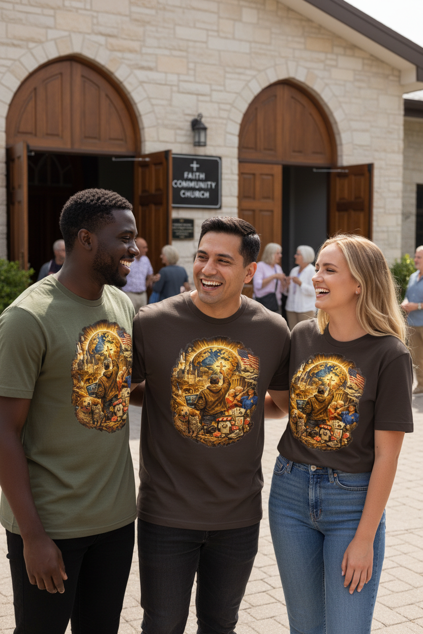 Friends wearing Called to Serve faith military t-shirts after Sunday church service
