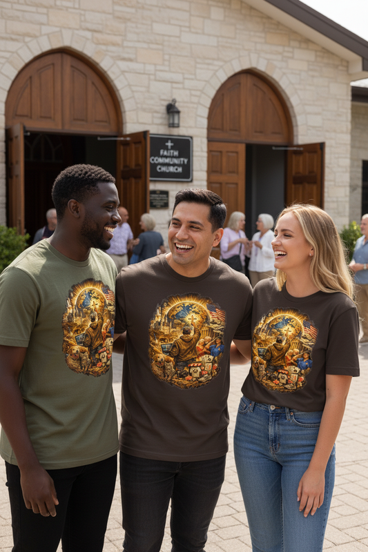 Friends wearing Called to Serve faith military t-shirts after Sunday church service