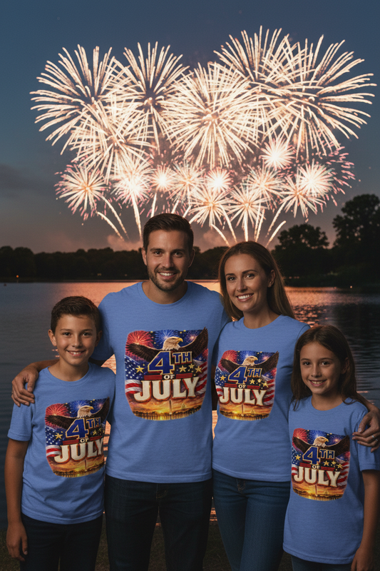 Family wearing matching 4th of July eagle t-shirts at lakeside fireworks celebration