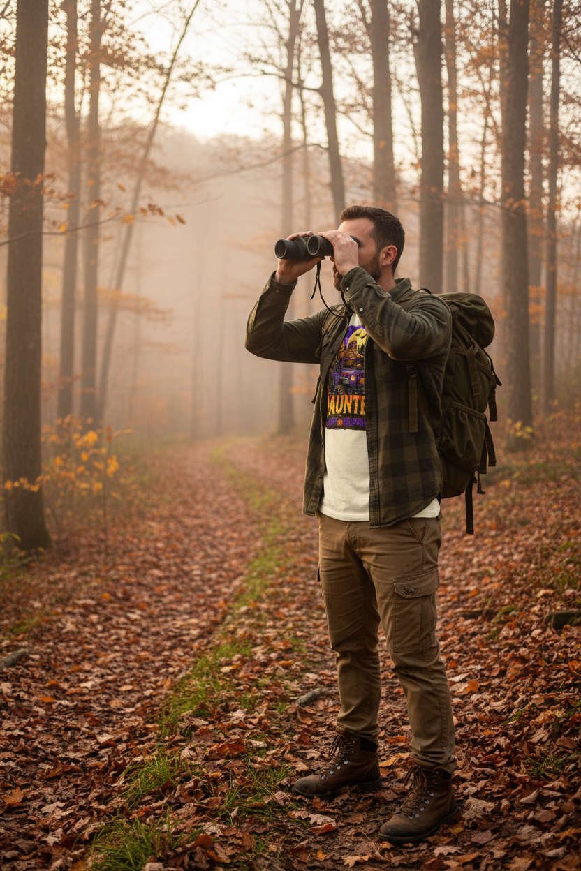 Man wearing Haunted Bigfoot Halloween t-shirt on a trail hunt in misty Appalachian woods