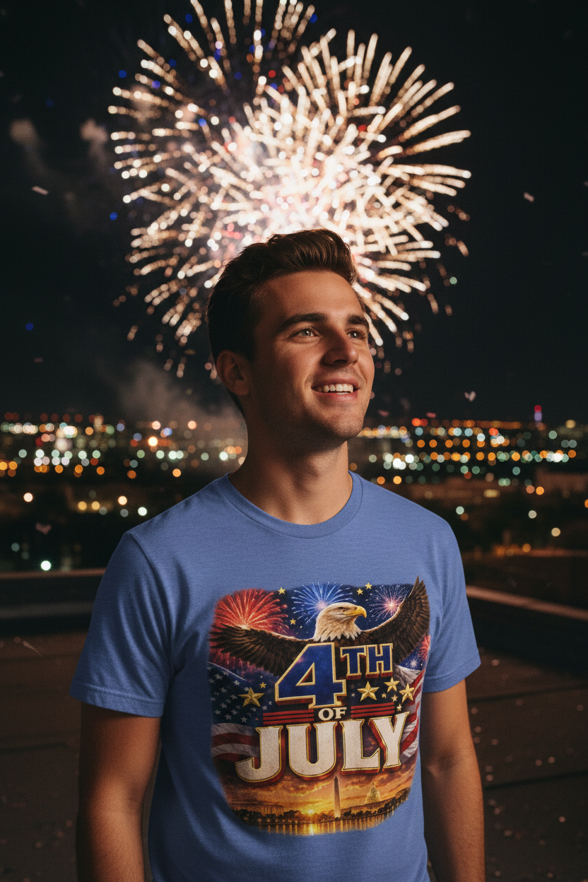 Young man wearing 4th of July eagle t-shirt on rooftop with fireworks exploding in night sky