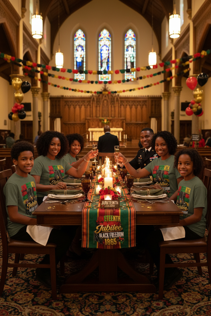 Black military family wearing olive Juneteenth Jubilee 1865 t-shirts at Juneteenth dinner table in Galveston Texas church