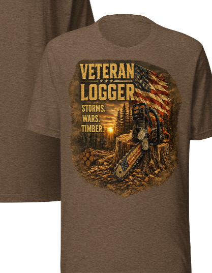 Veteran Logger T-Shirt – Storms. Wars. Timber. | American Flag Chainsaw Tee