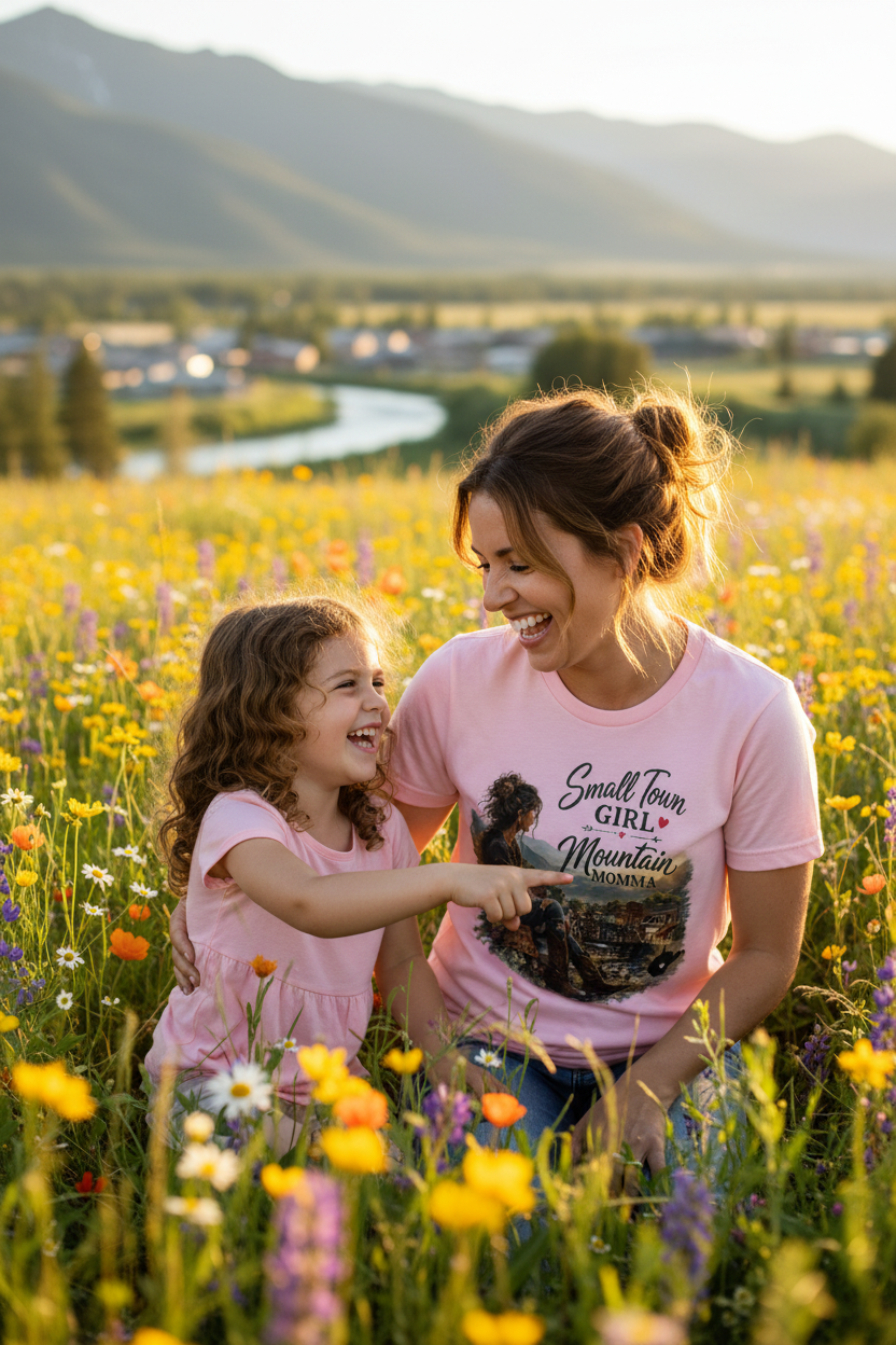 Mom and daughter in pink Small Town Girl Mountain Momma tee laughing in wildflower meadow