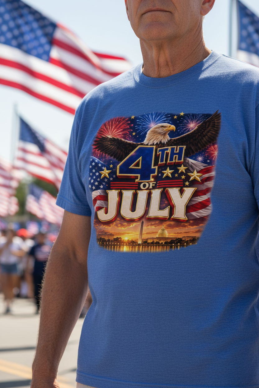 Veteran wearing 4th of July patriotic eagle t-shirt at Independence Day parade