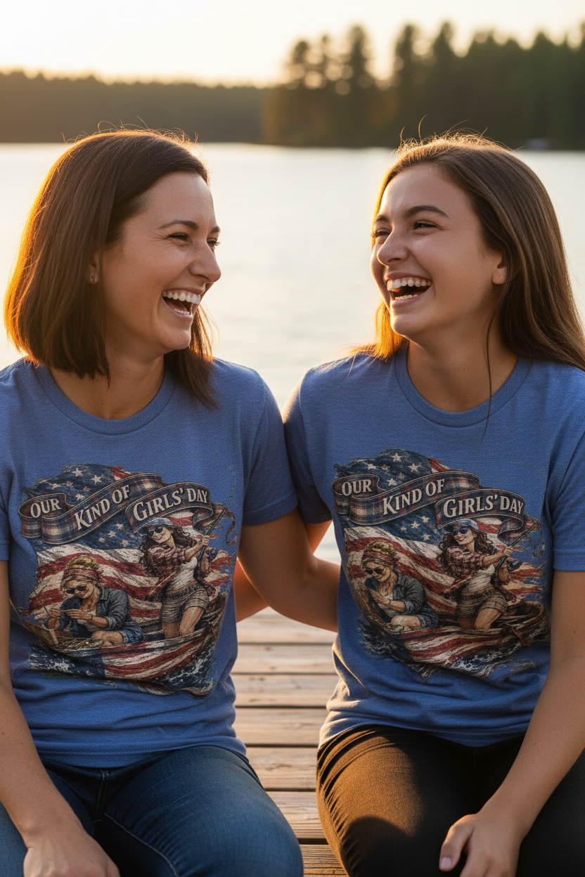 Mother and daughter wearing matching patriotic fishing tees on dock at golden hour