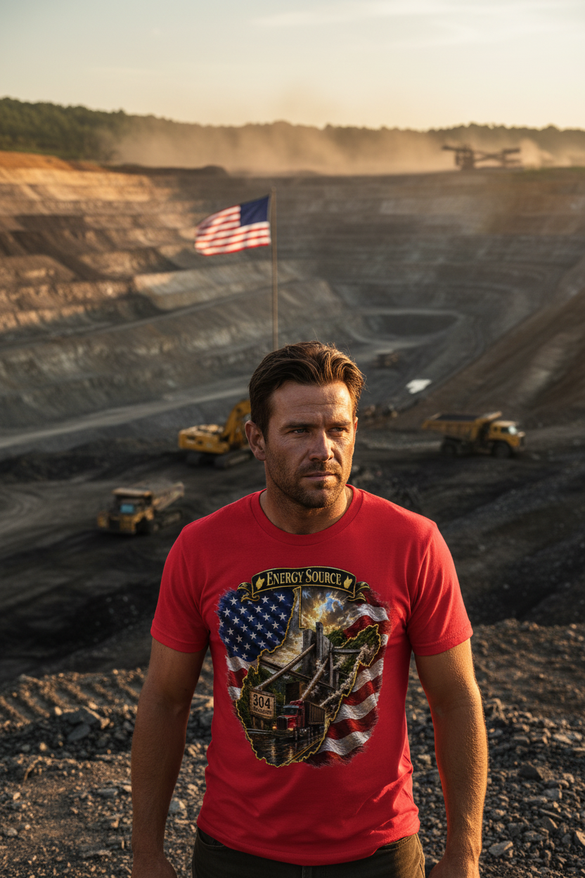 Man wearing WV Energy Source t-shirt at West Virginia strip mine at golden hour