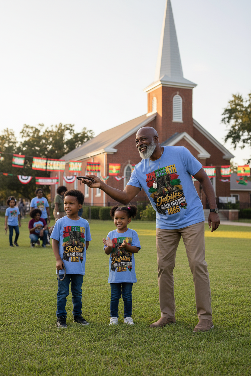 Black grandfather soldier and grandchildren wearing carolina blue Juneteenth Jubilee 1865 t-shirts pitching horseshoes