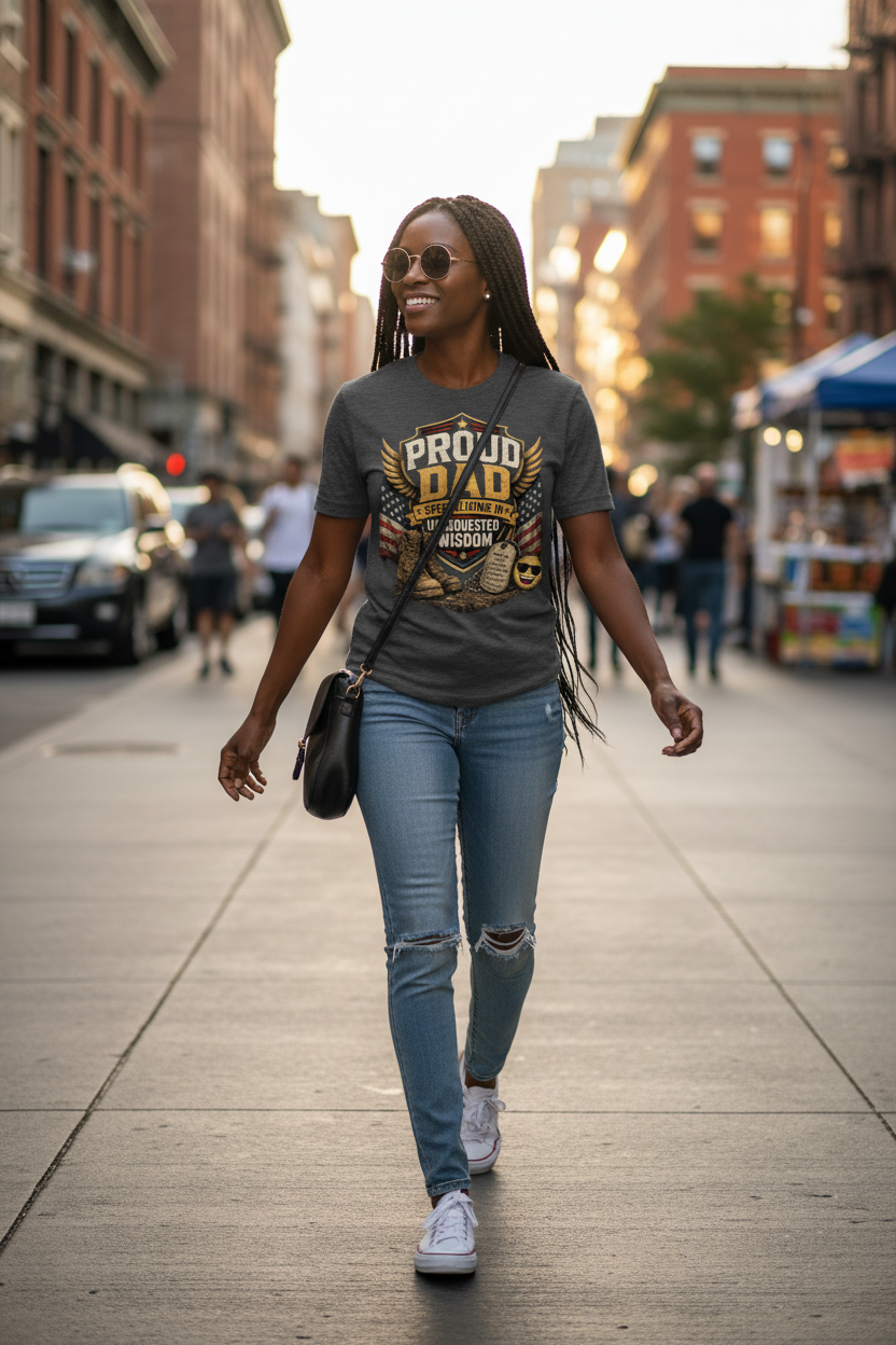 Black woman wearing Proud Dad military t-shirt walking city street lifestyle photo