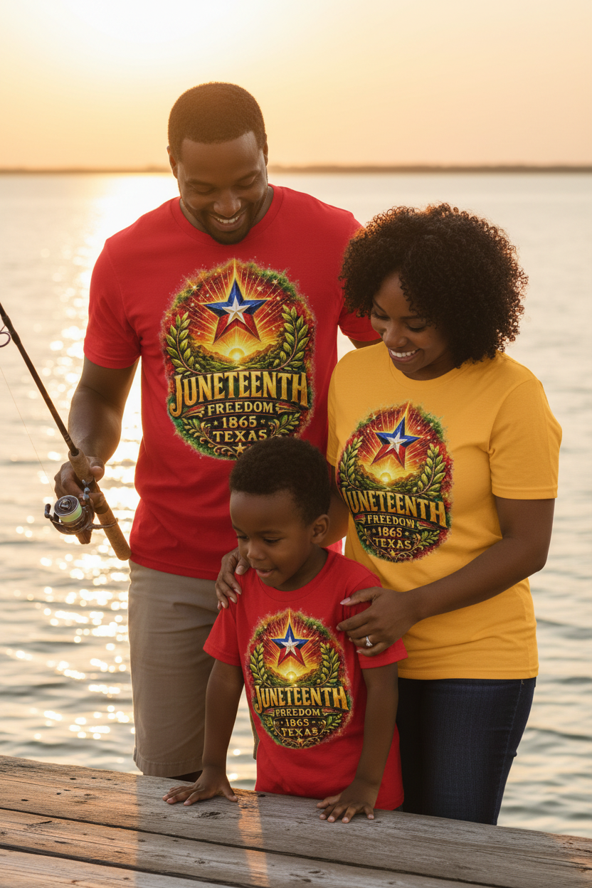 Black family wearing Juneteenth Texas tees on a fishing dock over a Texas bay