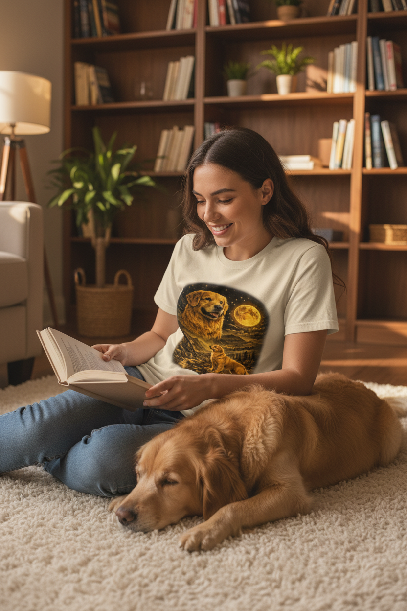 Woman reading with golden retriever on lap wearing golden retriever moonlit t-shirt