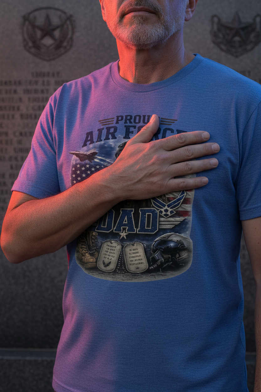 Proud Air Force Dad t-shirt blue - veteran at military memorial wall