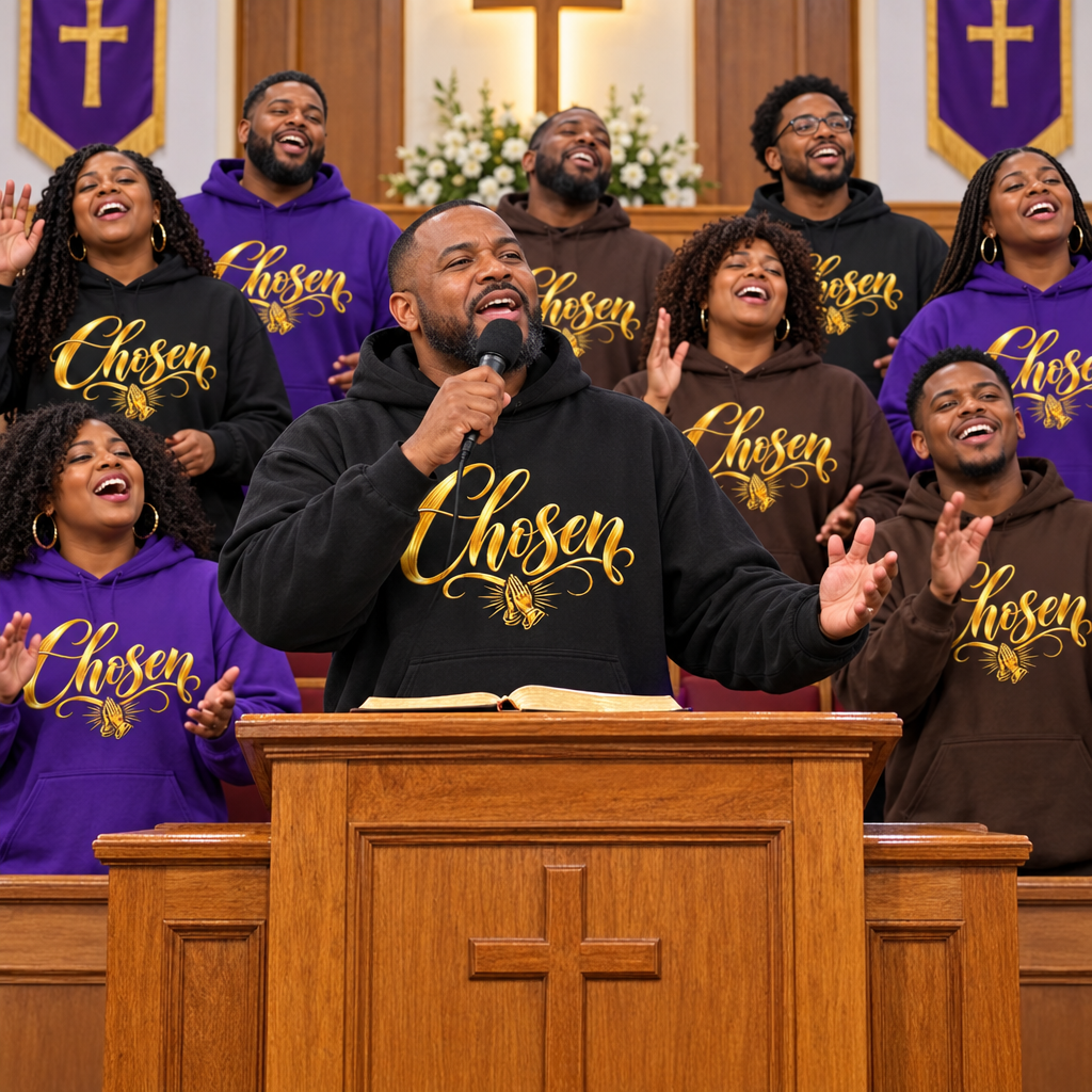 Pastor at pulpit and choir singing wearing Chosen gold script hoodies