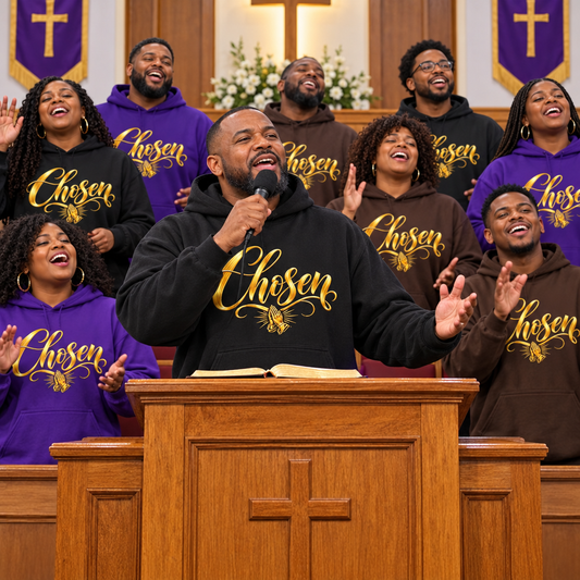 Pastor at pulpit and choir singing wearing Chosen gold script hoodies