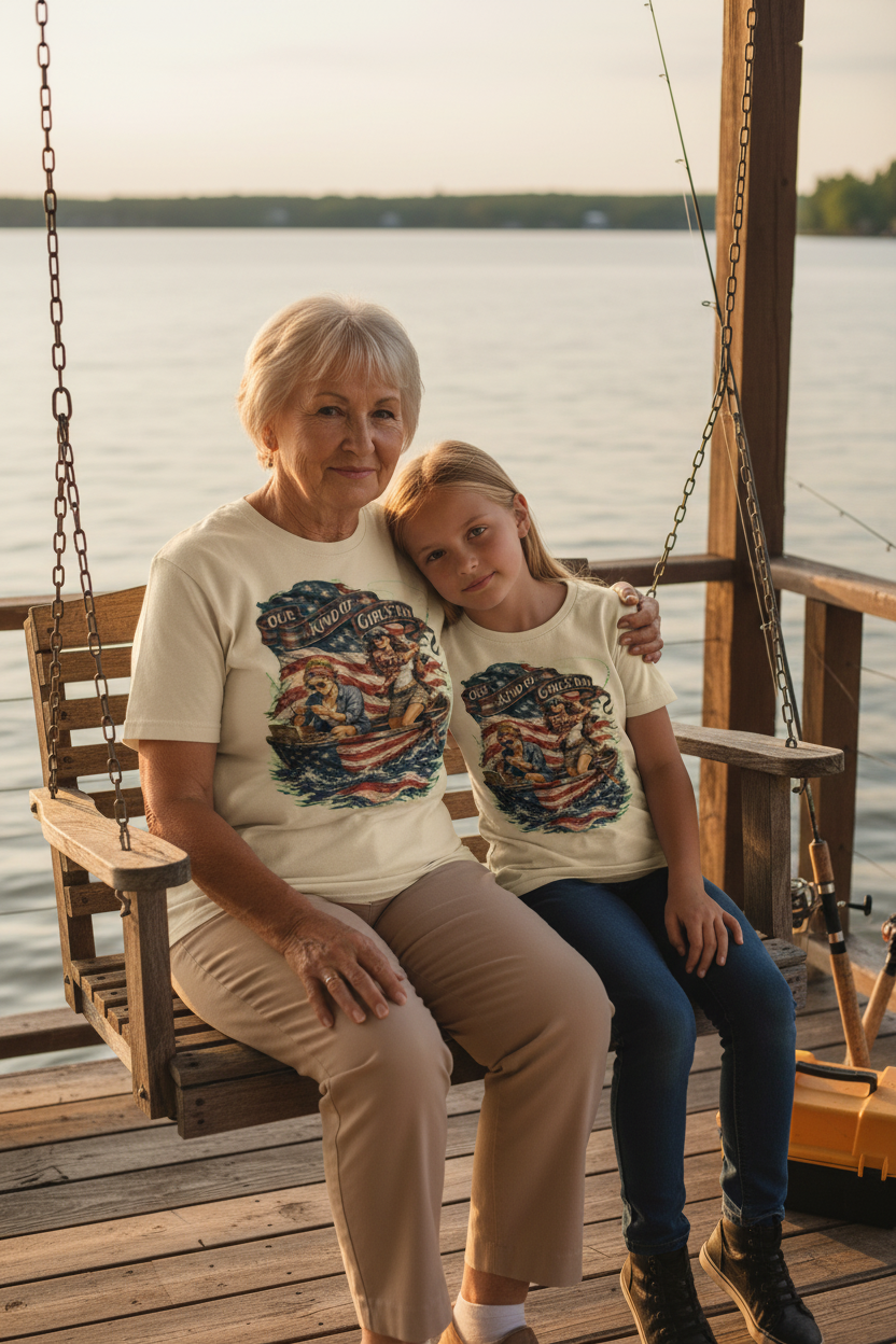 Grandmother and granddaughter on porch swing wearing matching natural patriotic fishing tees