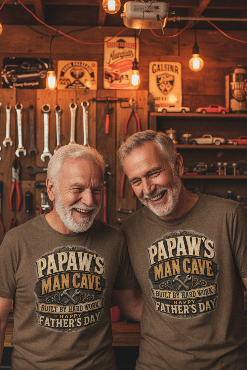 Grandfather and father together in garage wearing Papaw Man Cave t-shirts - Father's Day lifestyle mockup