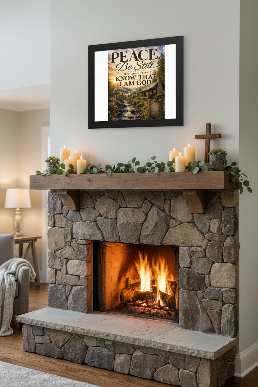 Peace Be Still scripture art above a stone fireplace mantel with candles and greenery