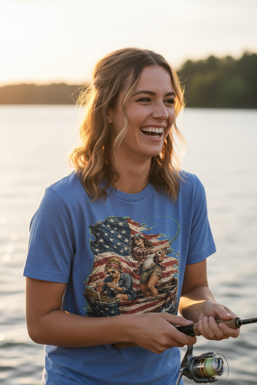 Woman wearing patriotic fishing tee at golden hour by the lake