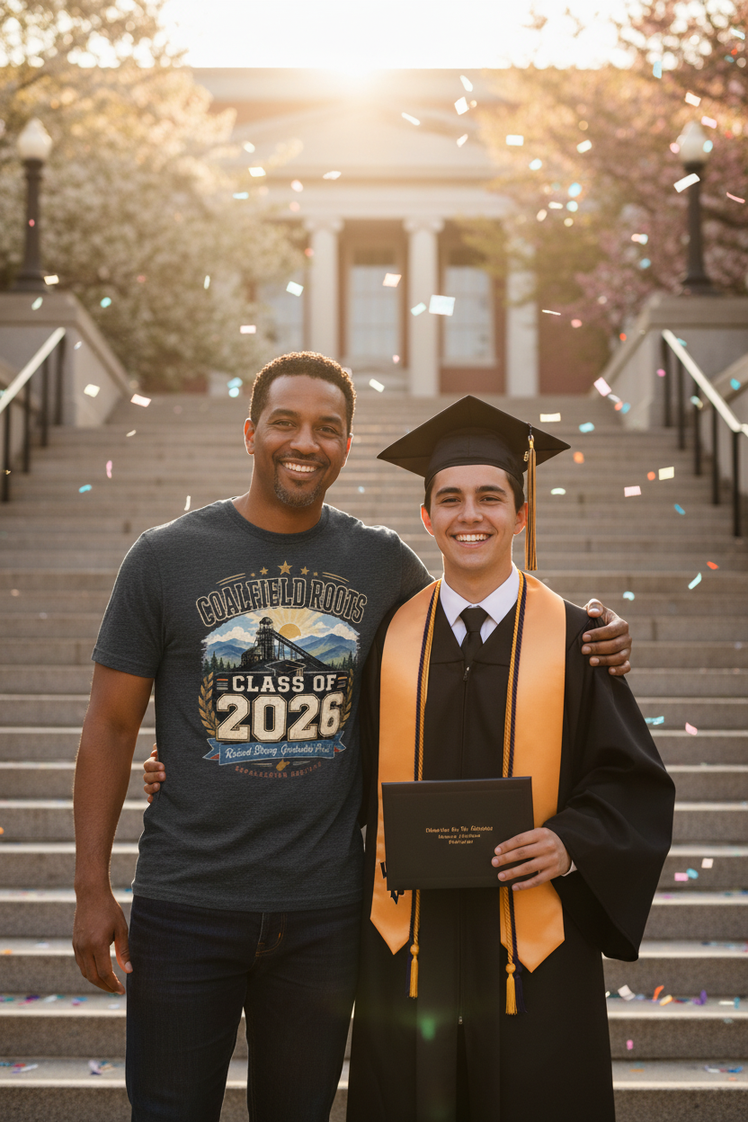 Proud father in Coalfield Roots Class of 2026 dark heather t-shirt with graduating son on campus steps