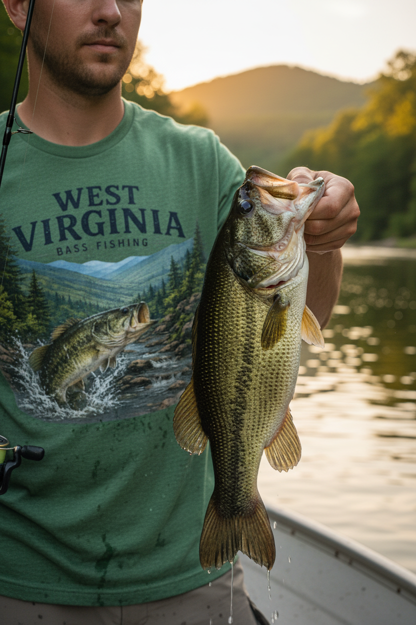 Man in West Virginia Bass Fishing tee on fishing boat at golden hour, holding trophy bass