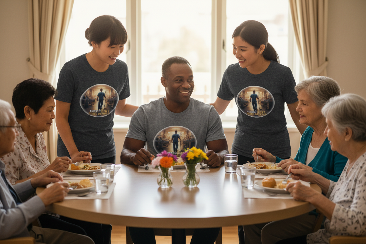 Group of nurses wearing faith tees helping elderly residents in nursing home dining room