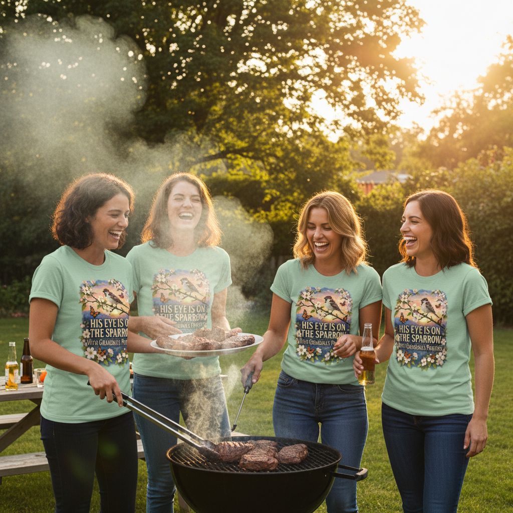 Group of women in sage green His Eye Is on the Sparrow faith t-shirts grilling steaks at a backyard cookout
