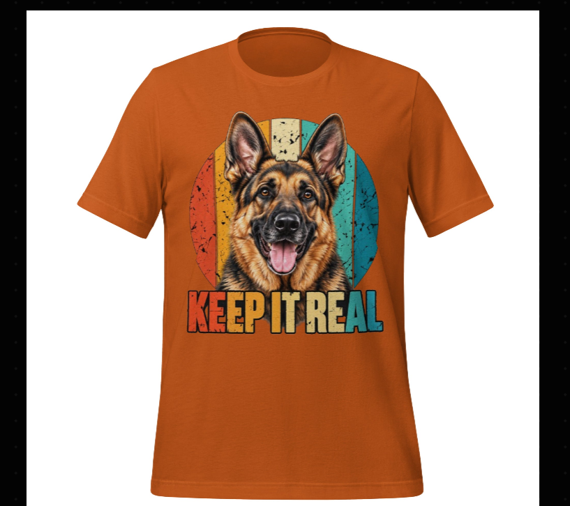 Front view of an orange German Shepherd Keep It Real graphic T-shirt