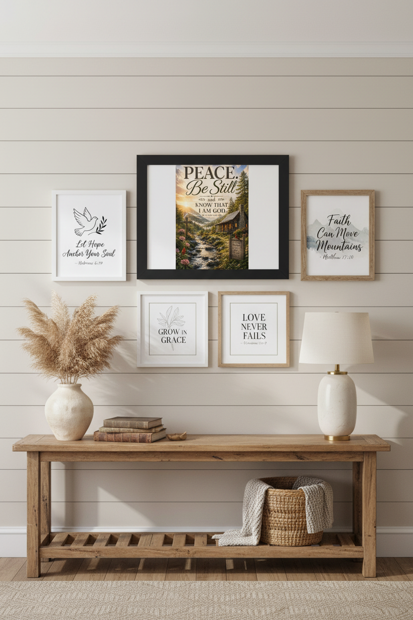 Peace Be Still framed wall art in a modern farmhouse gallery wall