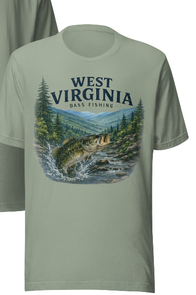 West Virginia Bass Fishing Tee - Sage Green lifestyle mockup on dock