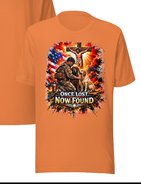 Once Lost Now Found Faith Patriot Tee – Autumn Orange colorway front and back