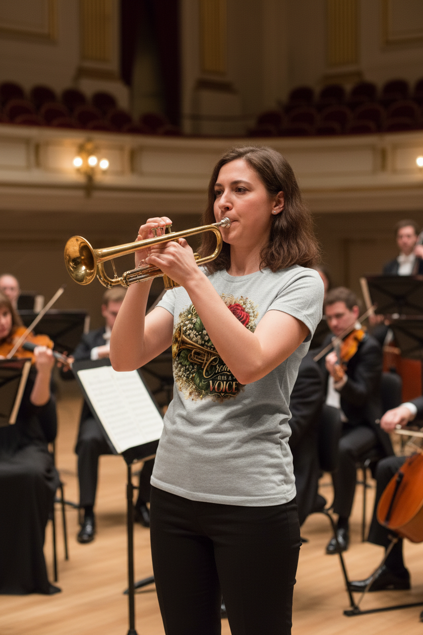 Woman playing trumpet at orchestra concert wearing Creativity Has A Voice graphic tee