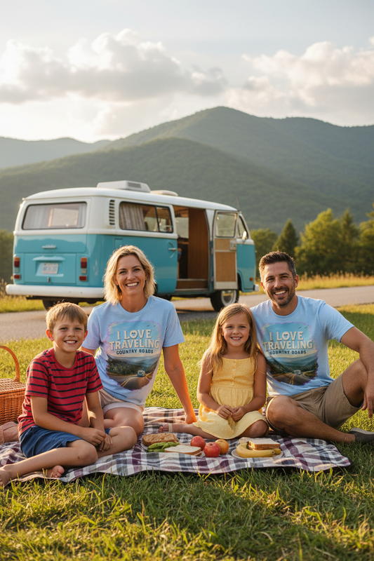 Family wearing I Love Traveling Country Roads t-shirts at roadside picnic stop in WV mountains
