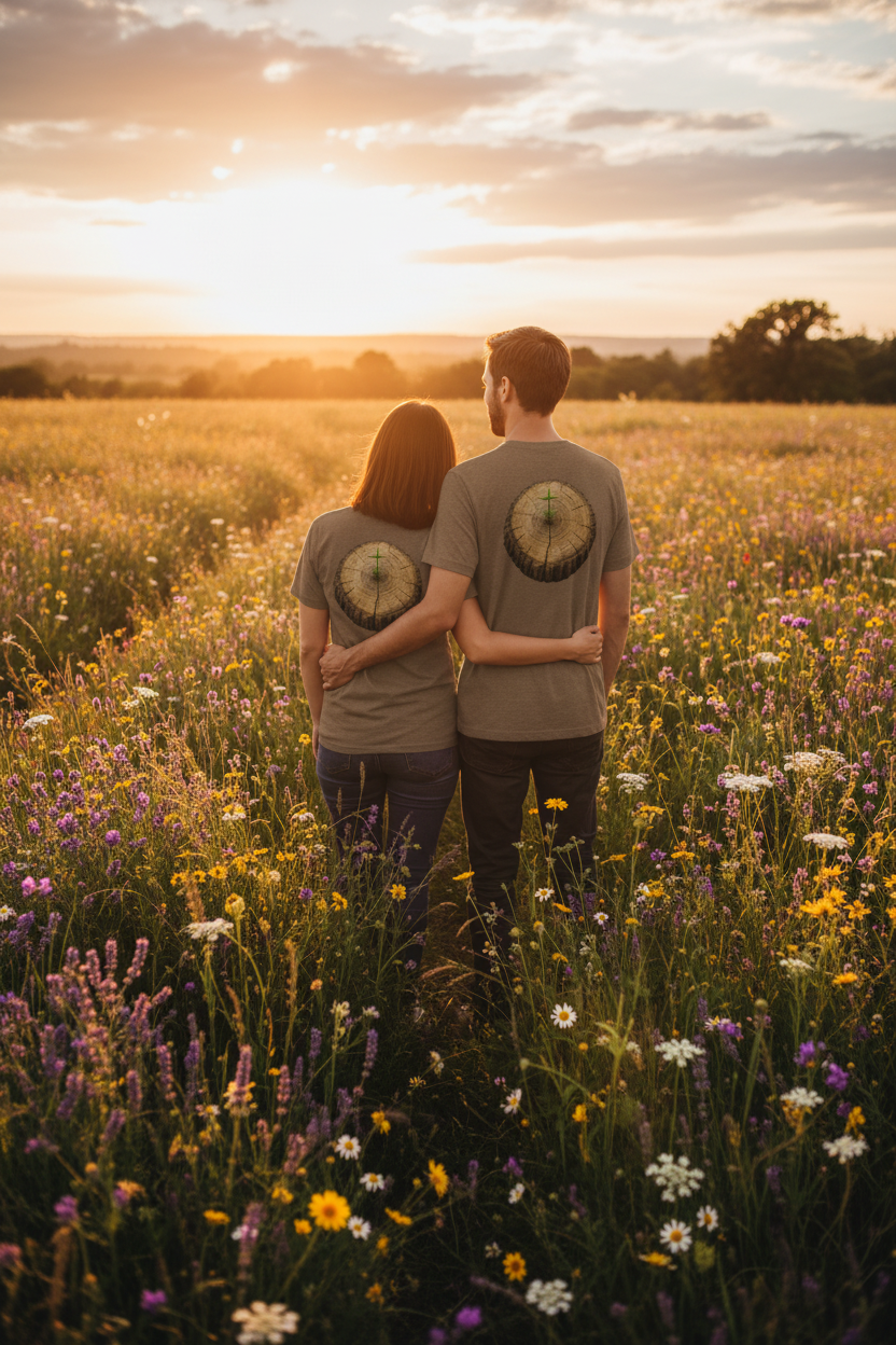 Couple in wildflower field wearing matching heather brown faith t-shirts showing tree stump sprout design on back