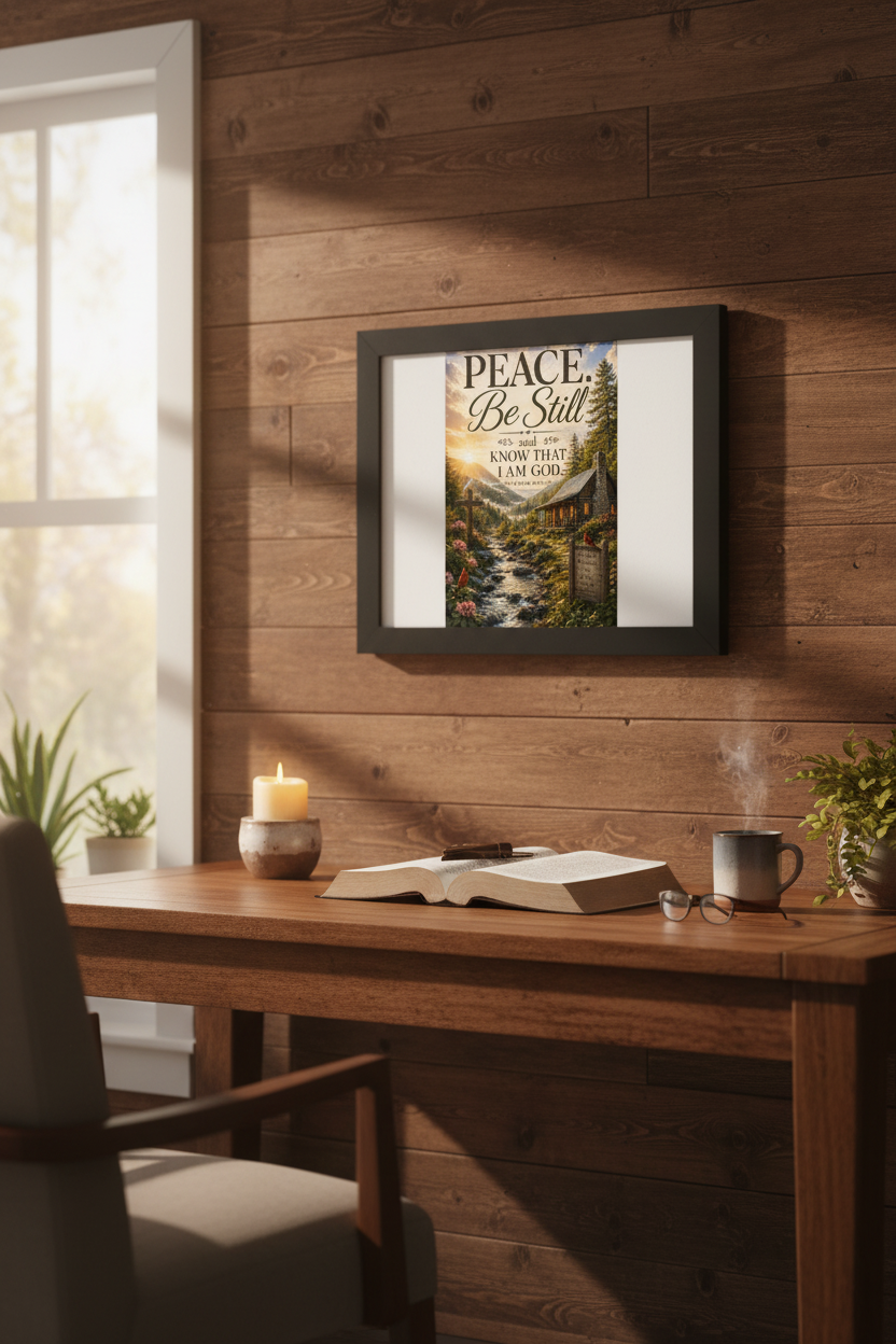 Peace Be Still framed wall art in a cozy home office prayer room