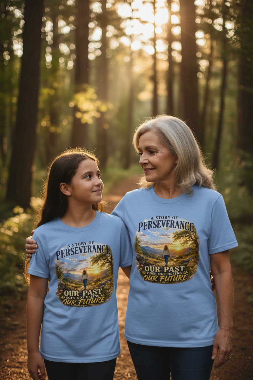Grandmother and granddaughter walking wooded trail in matching Carolina Blue Perseverance tees