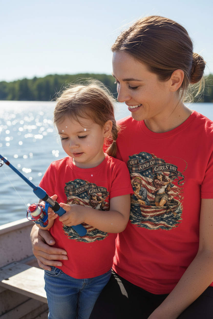 Mom and young daughter on fishing boat wearing matching red patriotic tees