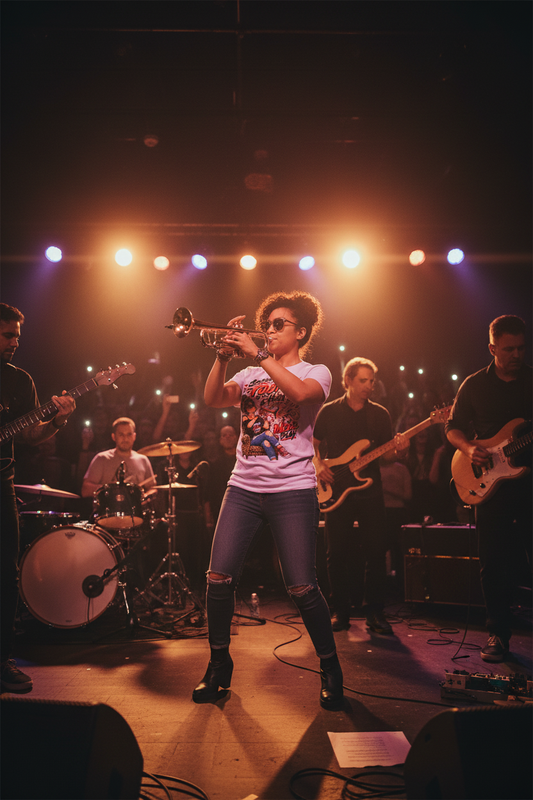 Woman playing trumpet on stage with band wearing the Toot My Own Horn lilac pink graphic tee