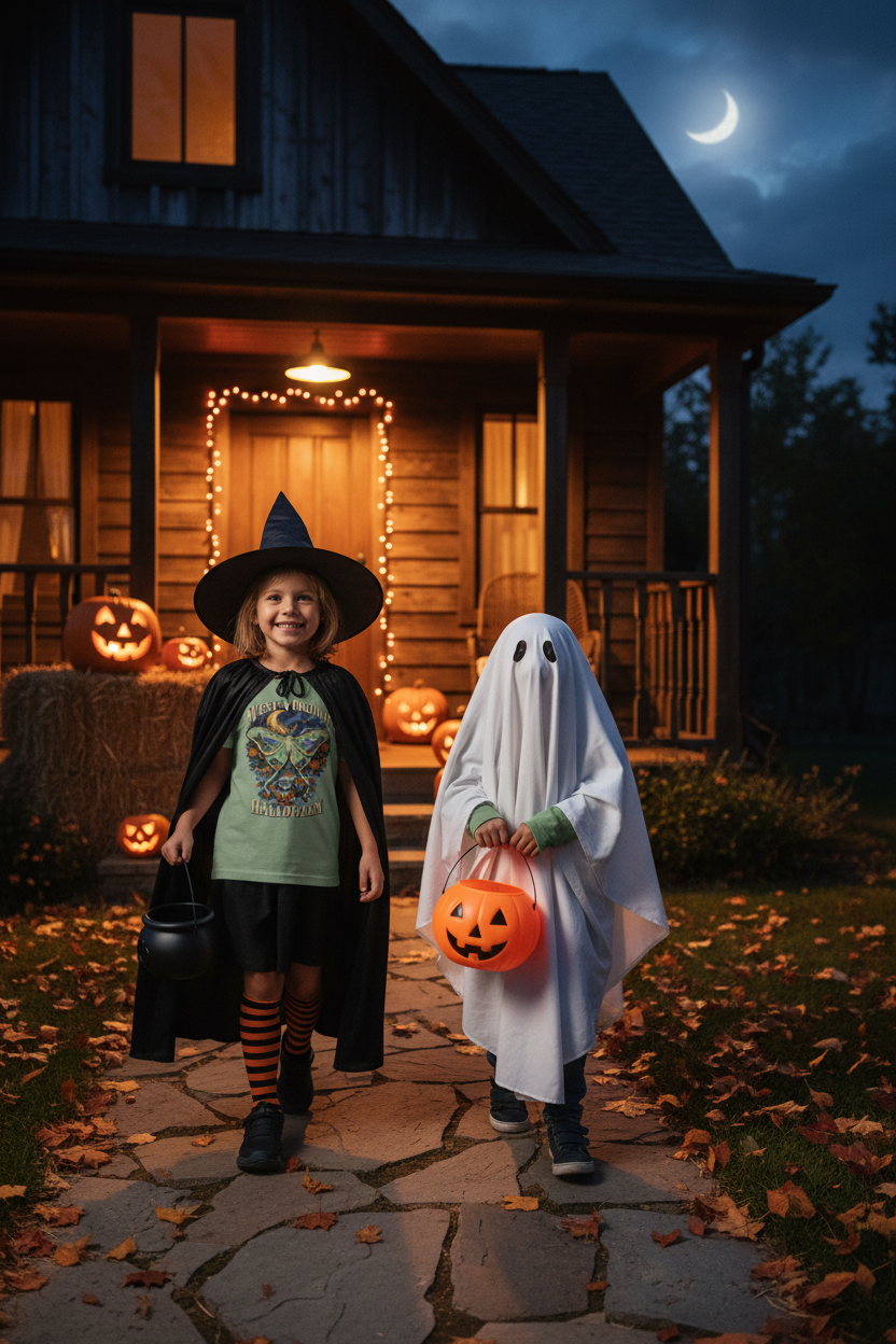 Kids trick-or-treating wearing the West Virginia Halloween Luna Moth T-Shirt in sage green