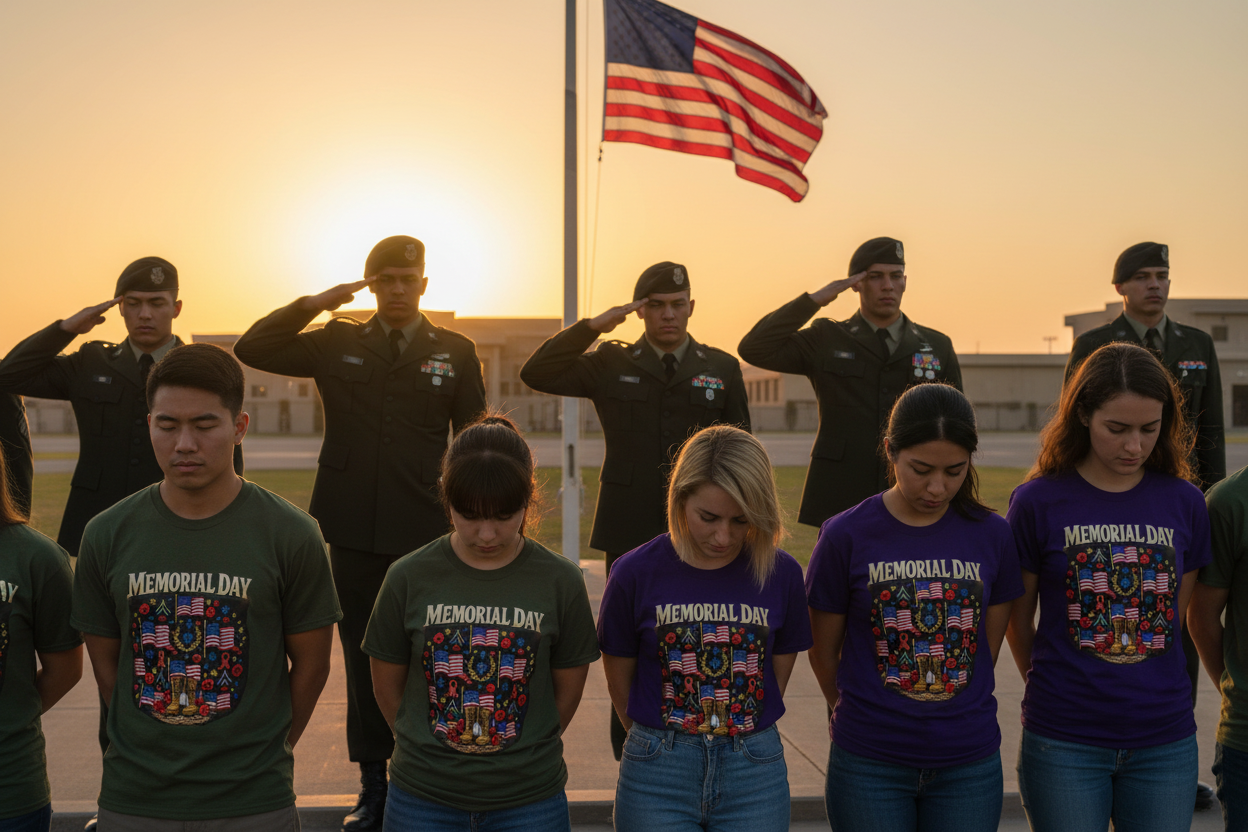 Moment of silence at half mast ceremony wearing Memorial Day shirt