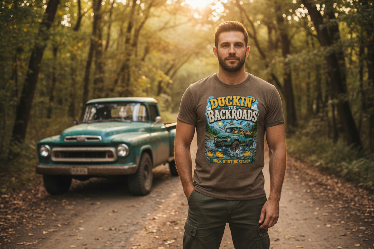 Man wearing Duckin' The Backroads duck hunting t-shirt outdoors near a muddy truck