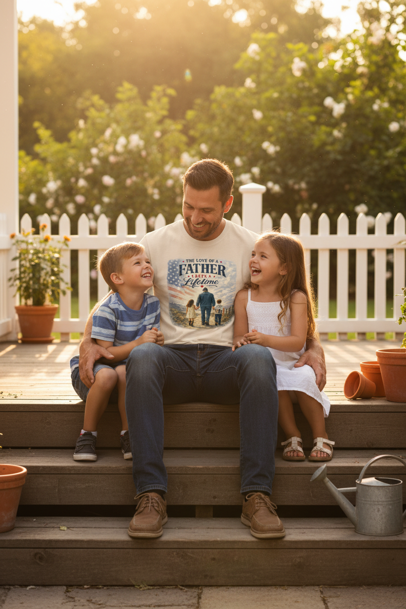 Dad on porch steps with kids – lifestyle mockup