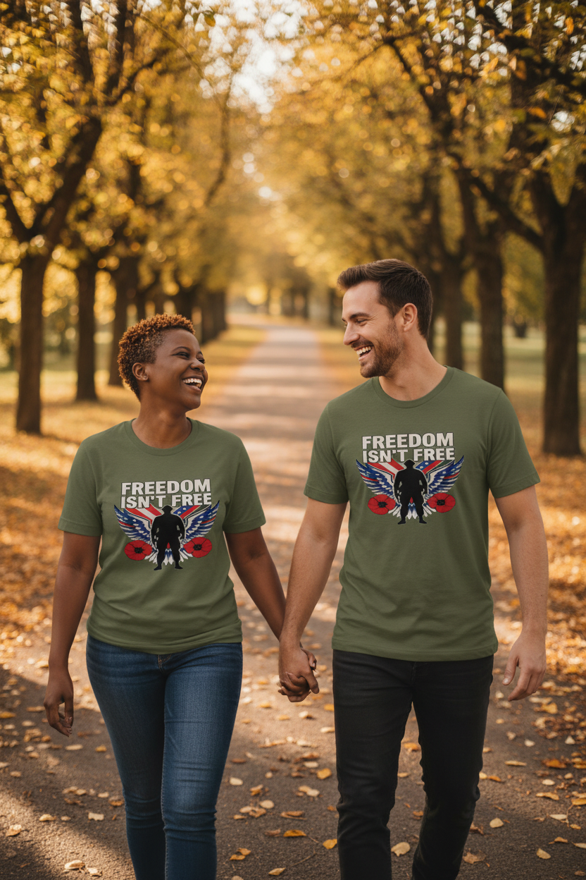 Couple wearing Freedom Isn't Free patriotic t-shirts on autumn walk